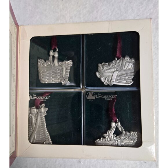 Longaberger Pewter Basket Ornament Set Of 4 With Red Ribbon In Original Box - Picture 1 of 16